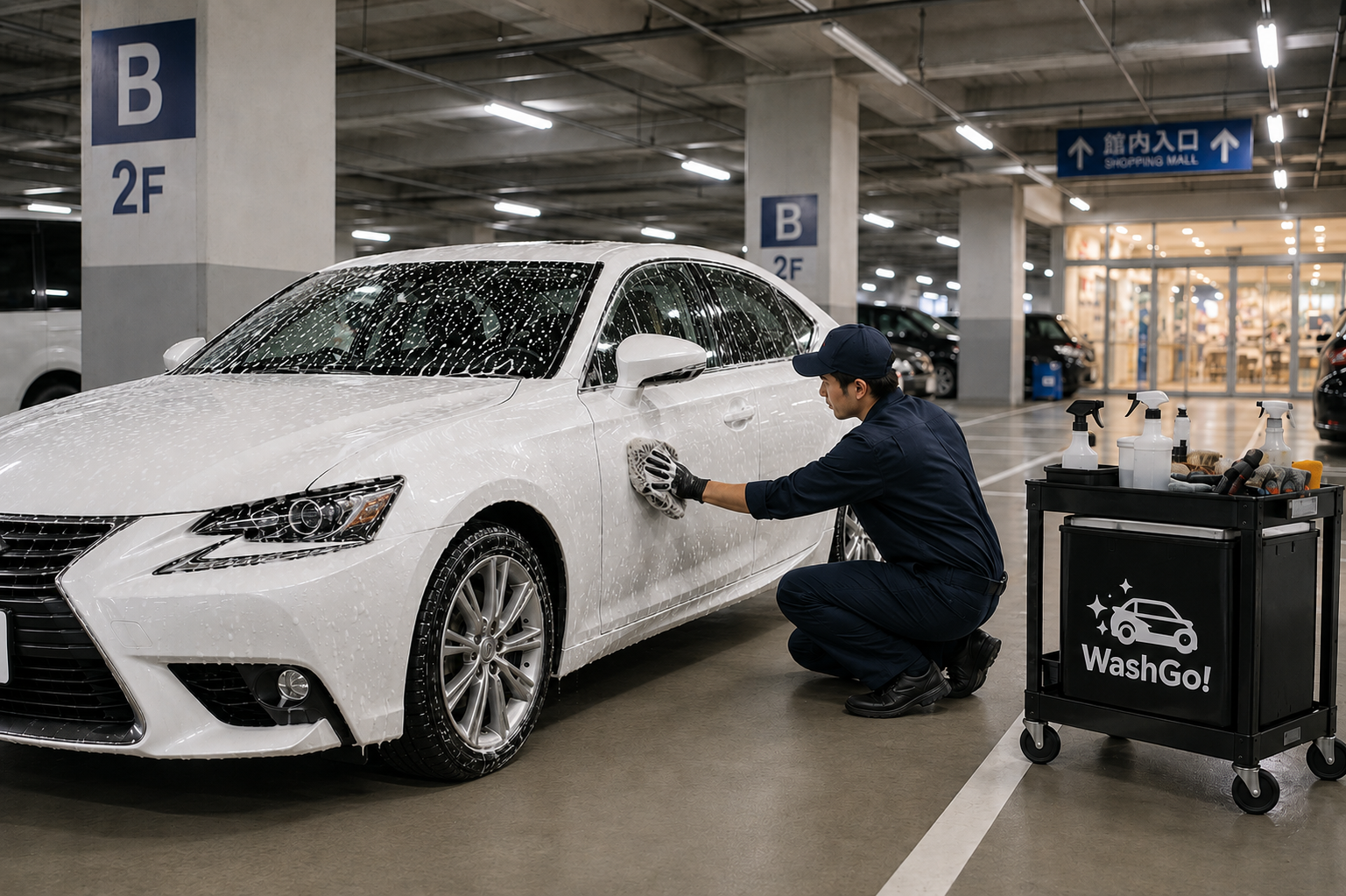 スタッフが手洗い洗車